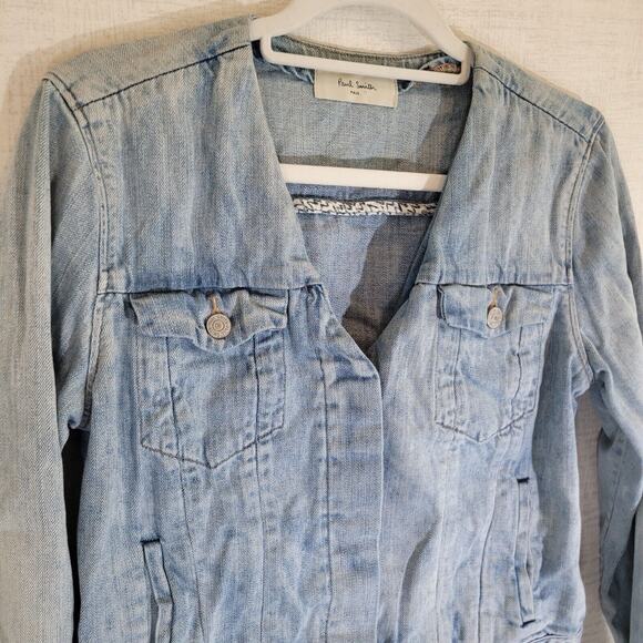 Paul Smith Italy Denim Jean Jacket Womens Large Cropped V Neck Light Wash Pocket - Picture 2 of 10